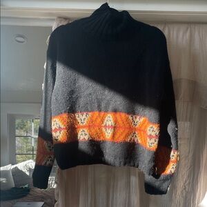 Indigenous Designs Black Wool+Alpaca Turtleneck Sweater with Vibrant Accents